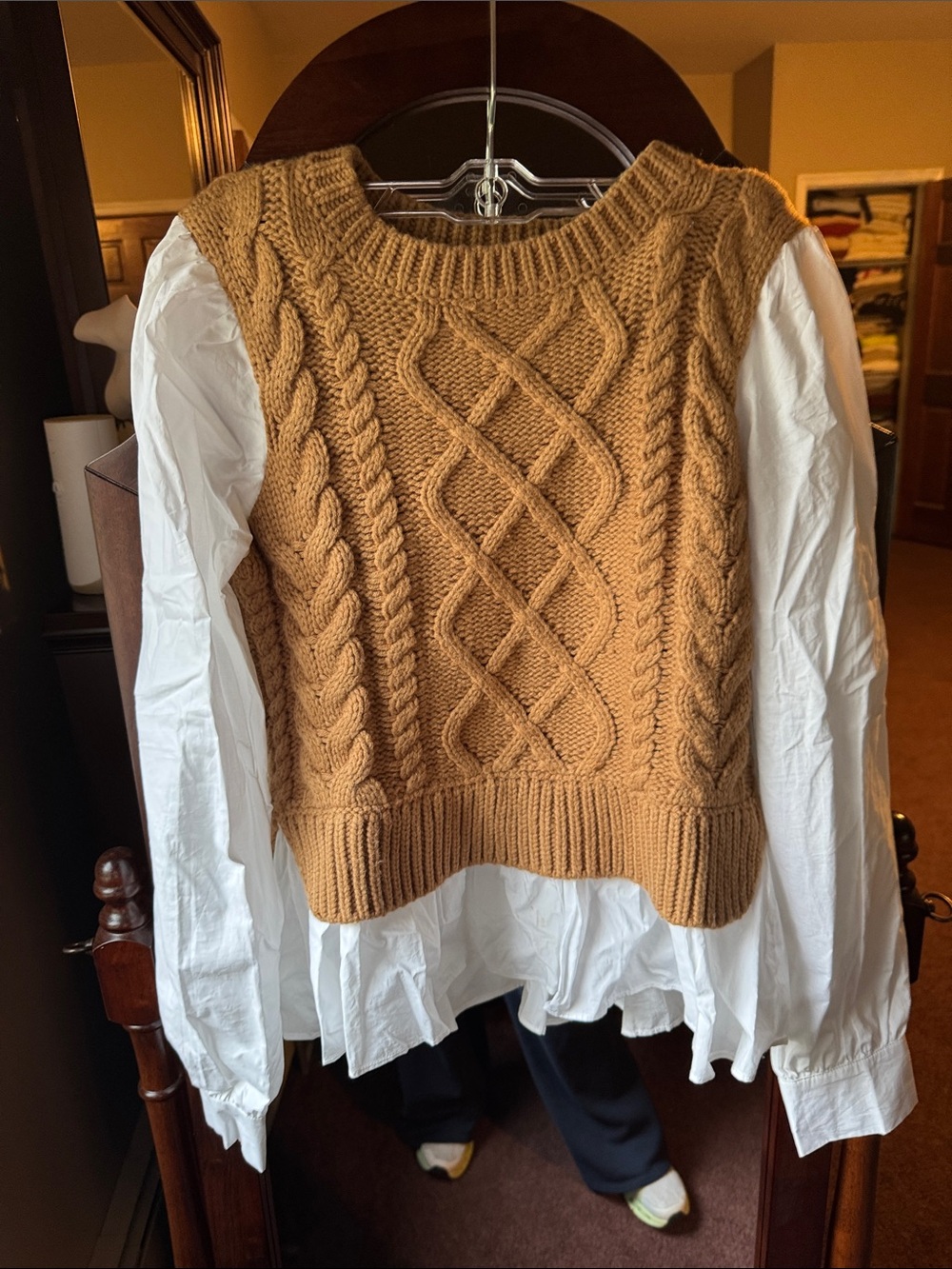 Anthropologie Camel Cable Knit Sleeveless Sweater Vest with underlying shirt